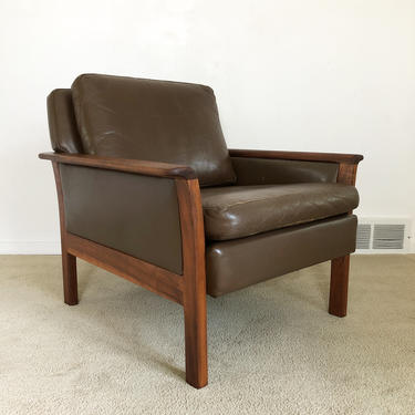 Danish modern teak leather arm lounge chair Hans Olsen style mid century 