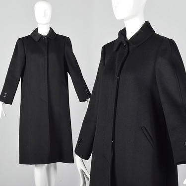 Small 1980s Black Wool Winter Coat Heavy Winter Outerwear Long Sleeves Pockets Storm Shield 80s Vintage 