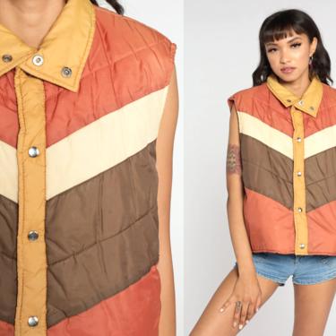 70s Ski Vest Brown Cream Chevron Puffer Vest Retro 1970s Vest Striped Puffy Orange Sleeveless Jacket Winter 80s Vintage Large xl 