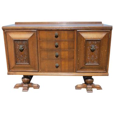 Vintage Sideboard | English Relief Carved Tudor Style Antique Buffet Cabinet With Paw Feet 