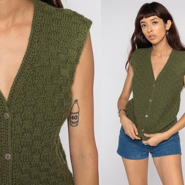 70s Knit Vest Top Wool Vest Sleeveless Olive Green Sweater 80s V Neck Tank Button Up 1980s Retro Vintage Medium 