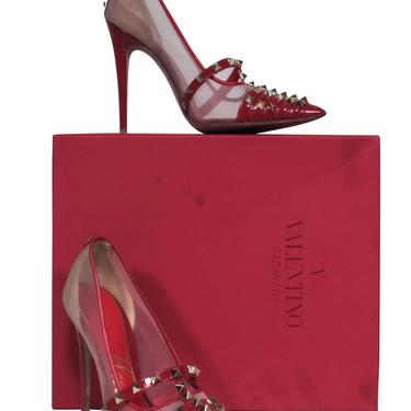 Valentino - Red Patent &amp; Mesh Studded Caged Pointed Toe &quot;Rockstud&quot; Pumps Sz 7.5