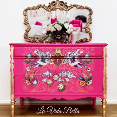 Sassy and sexy hot pink dresser, chest, vintage, hot pink, antique, hand painted. 