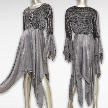 Vintage Gray Velvet Rayon Asymmetric Hem Dress Free Size Bohemian Dress M/L 