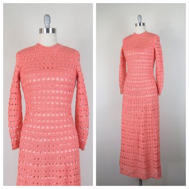 Vintage 1970s hand crocheted maxi dress, coral knit, size medium 