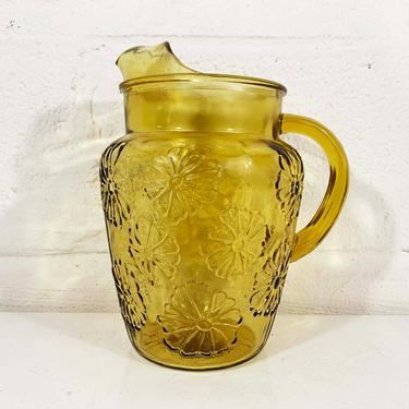 Mid-Century Hand-Painted Glass Pitcher, Daisies, White & Yellow, Large  MCM