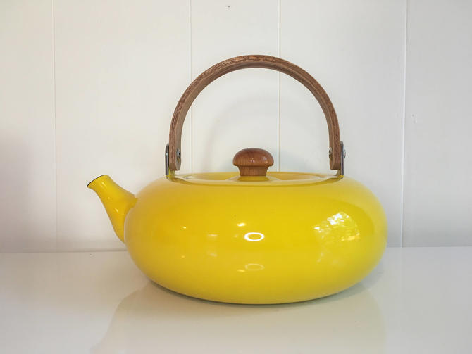 Vintage Yellow Enamel Tea Kettle 1970s Wooden Handle Mikasa Habitat