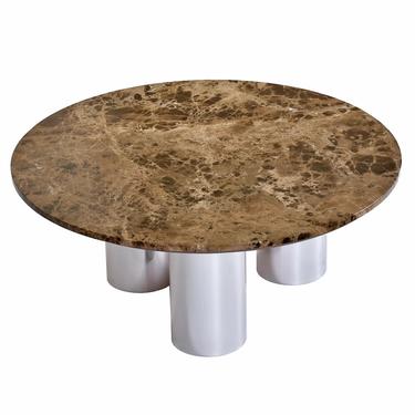 Large Round Vintage 1970s Brown Stone Marble and Polished Aluminum Nineteen-Laties Coffee Table 