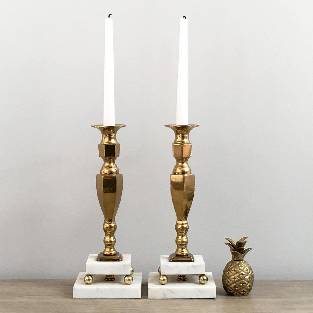 Vintage Brass Marble Candlesticks White Marble Candle Holders Paris Apartment Mod Rendition