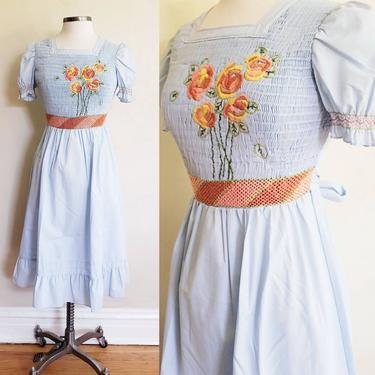 1960s Blue Peasant Dress Girls Teen Chinese Rose Brand / 60s Short Puffed Sleeves Dress Embroidery Smocking / June 