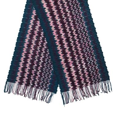 Missoni - Dark Teal, Purple &amp; Pink Chevron Knit Wool Blend Scarf w/ Fringe