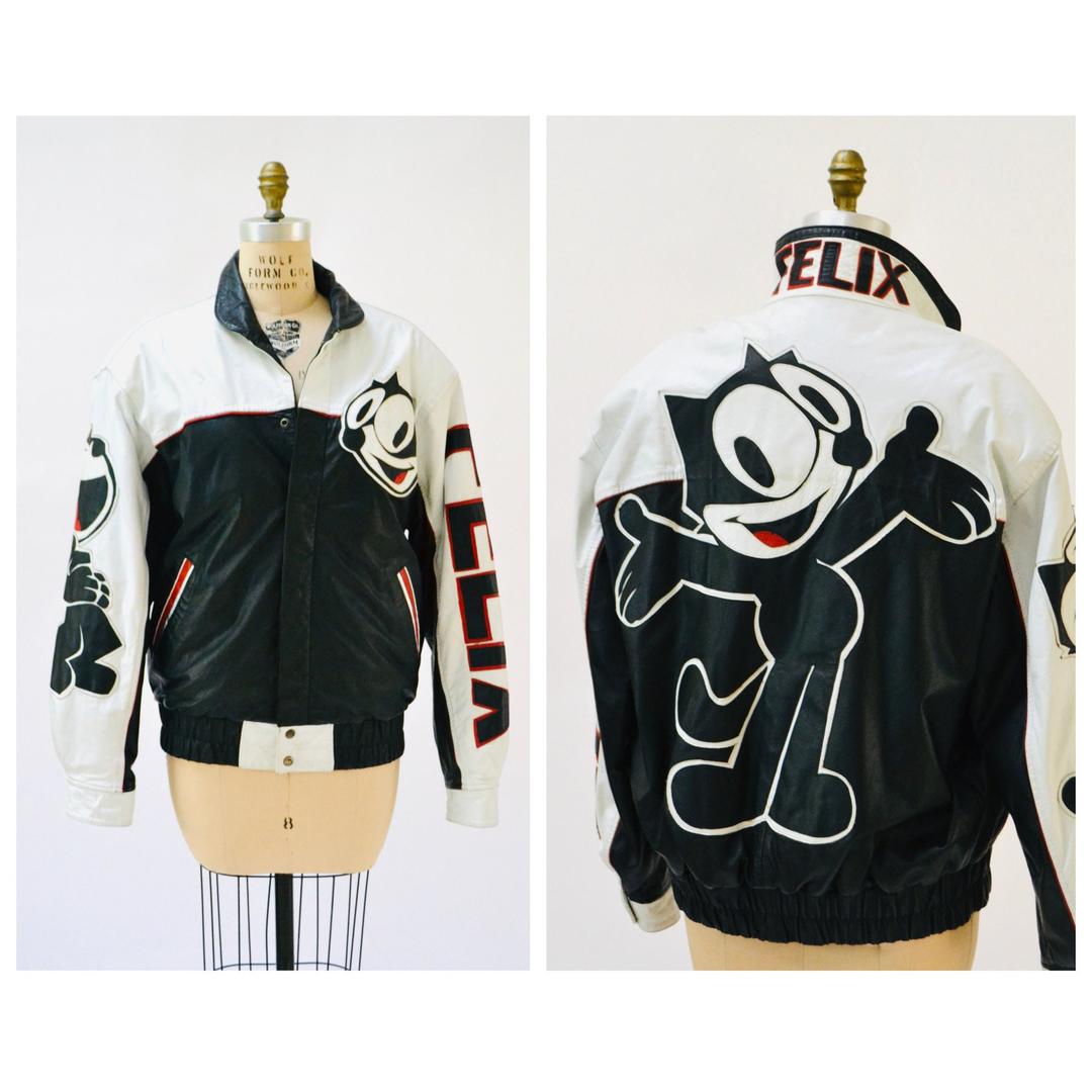 Vintage Black Leather Jacket with Felix the Cat Cartoon