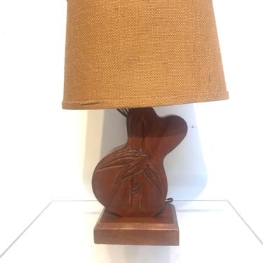 Carved Bamboo Design Hawaiian Table Lamp. c 1940s Bamboo Design Monkey Pod Mid Century Vintage 