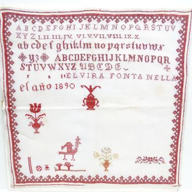 1890 Alphabet Sampler, Large 20 Inch Antique Needlework by Elvira Fontanell, Vintage Red and White Cross Stitch Needlework on Linen 