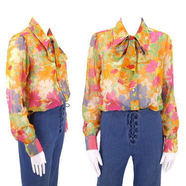 70s YSL floral tie blouse 42 / vintage 1970s Yves Saint Laurent cotton voile secretary top 42 10 M 60s 