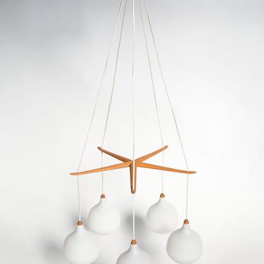VINTAGE - Oak and Opaline Glass 5 Arm Starfish Chandelier by Uno & Östen Kristiansson for Luxus - 1950s 