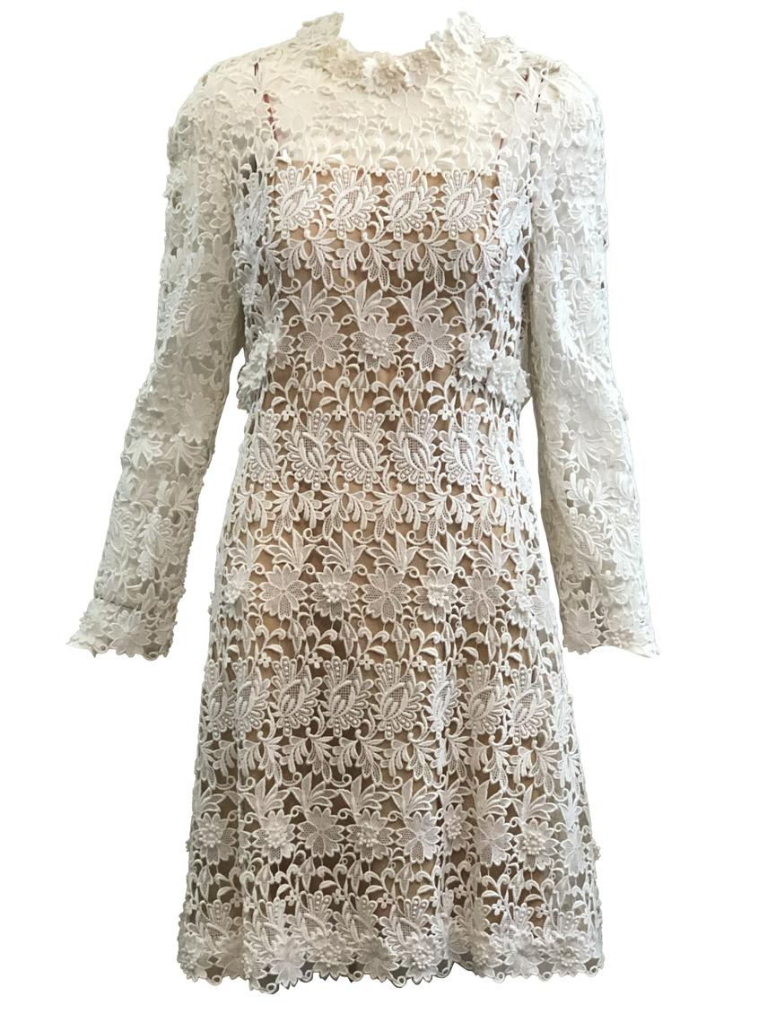 Mollie Parnis 70s Dress White Lace Bridal with Nude Underlay | The Way ...