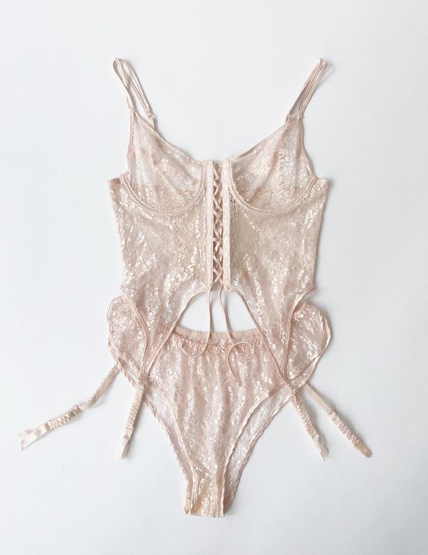 1980s Jezebel Blush Lace Bustier and French Cut Panty Wayward