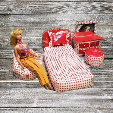 Vintage Inflatable Barbie Bedroom Furniture, 5pc Barbie Doll Furniture, 1970s Mattel, Red &amp; White Hearts Blow Up Bedroom Set, Vintage Toys 