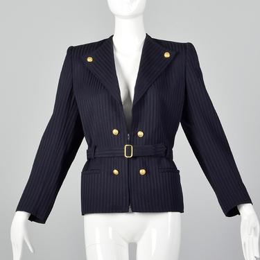 Large Striped Belted Jacket Wool Navy Gold Buttons Pockets Long Sleeve Half Zip Wear to Work Womens Blazer 