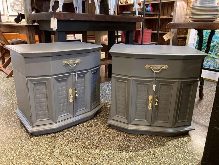 Gray mid century nightstands.  2 available 26” x 18” x 24.5”
