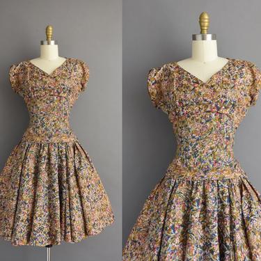 1950s vintage dress | Beautiful Floral Print Sweeping Full Skirt Cocktail Party Dress | Small | 50s dress 
