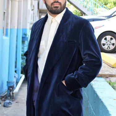 Vintage 1970s Velvet Smoking Jacket, Large Men, Lounging Robe, Navy Blue Velvet, Hugh Hefner 