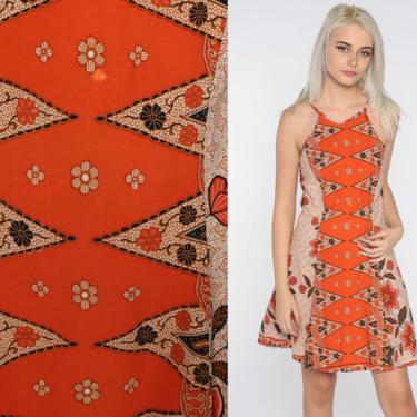 Batik Dress Orange Floral Mini 90s Sundress Grunge Boho Hippie Sun 1990s Bohemian Shift Vintage Sleeveless Indonesian Extra Small xs 