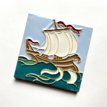Antique Arts & Crafts Faience Pottery Tile Ship by Wheatley after Grueby Design 