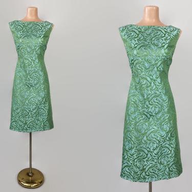 Vintage 60s Damask Jacquard Shimmering Green and Aqua Satin Cocktail Dress | 1960s MCM MOD Mini Party Dress | 41x34x45 L XL Size 