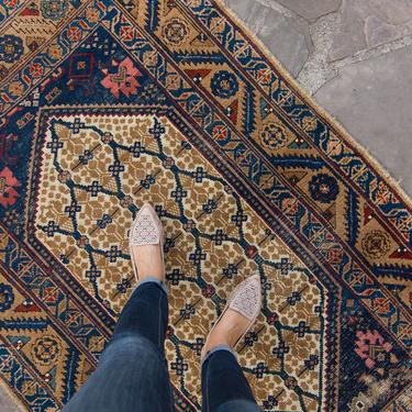 Antique 3’10” x 6’5” Distressed Geometric Design Tan Navy Hand Knotted Pile Rug 1910s - FREE DOMESTIC SHIPPING 