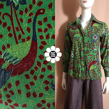 Unique Vintage 70s Green Maroon Bird Patterned Button Down Long Sleeve Collared Shirt 