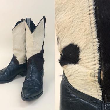 Vintage 1980s Calf Hair &amp; Leather Cowboy Boots, Vintage Distressed Boots, Vintage Calf Skin, Western Southwestern, Size Women's 7.5/8 by Mo