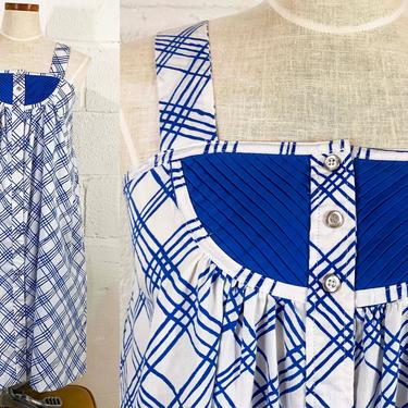 Vintage Striped Blue Sundress Stripe White Sun Dress Sleeveless 1970s 70s Boho Midi Summer Wide Straps Snap Front Trapeze Small 