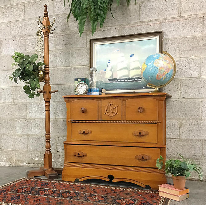 Local Pickup Only Vintage Dresser Retro 1960s Brown Maple Wood Nautical Carved Details 3 Drawer Bureau For Bedroom Or Clothing Storage By