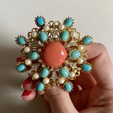 Designer GRAZIANO Faux Coral, Pearl &amp;Turquoise Gold Brooch