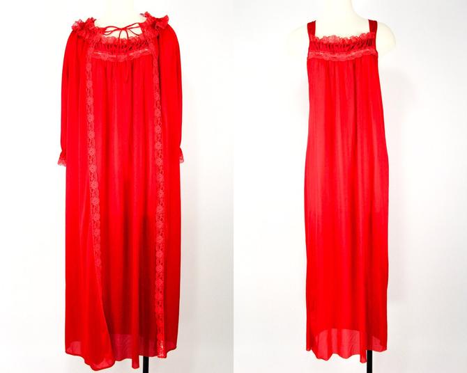 60s Long Nightgown Red Dressing Gown Set Vintage Valentines Lingerie Set Getting Ready Robe Glencraft Lingerie Full Length Robe Medium By