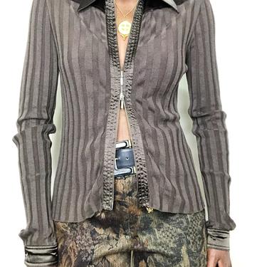 Y2K Cocoa Silk Blend Rib Knit Zip Up Stretch Top