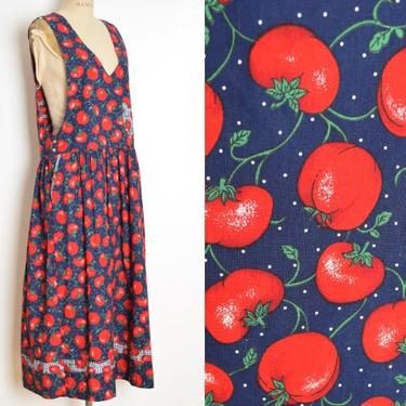 vintage 90s dress navy red tomato novelty print jumper long maxi dress M L clothing 