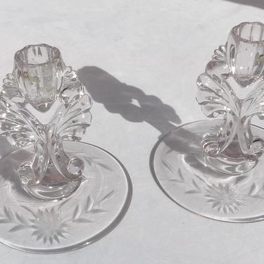 Pair Etched Crystal Candle Holders New Martinsville Viking Prelude &amp;quot;Corn Flower Pattern&amp;quot; 1950's Purple Magnesium Cast Glass Candle Sticks 