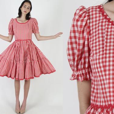 Vintage 70s RicRac Red Gingham Dress / Americana Picnic Saloon Dress / Country Waitress Square Dance Outdoors Mini Dress 