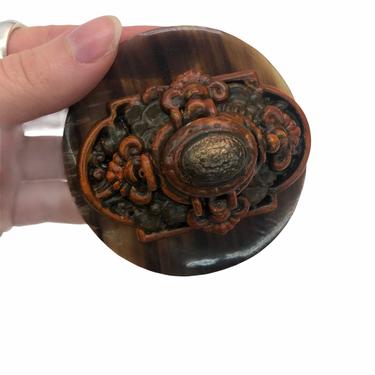 Vintage VTG Brown Round Etched Carved Orange Brooch Pin 