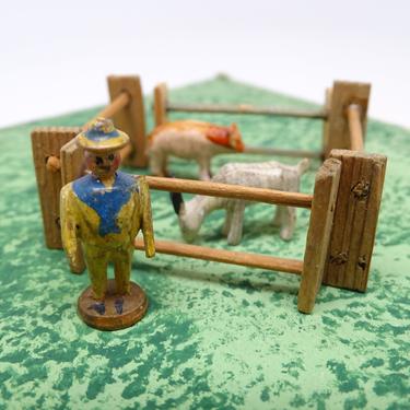 Antique German Wooden Man with Fenced Pig & Goat, Vintage Hand Painted Miniature Toys for Putz or Nativity, Erzgebirge Germany 