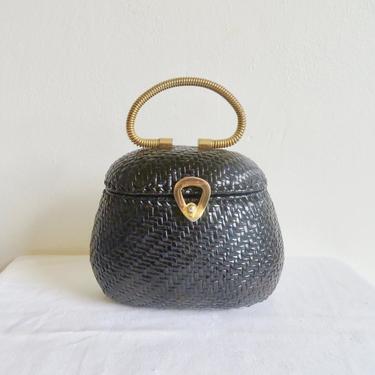 Vintage 1960's Round Black Woven Wicker Purse Gold Metal Top Handle Closure Hardware Koret Mod Italian Basket Handbag Made in Italy 