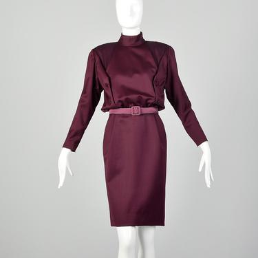 Medium Galanos Purple Dress 1980s Pencil Skirt Mockneck Belted Long Sleeve Dress 