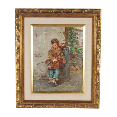 Vintage Italian Impressionist Painting Giovanni Panza Little Boy w Violin 