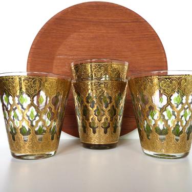 Set Of 7 Culver Large 12oz Valencia Double Old Fashioned Cocktail Glasses, Culver Tapered 22kt Gold And Green Barware 