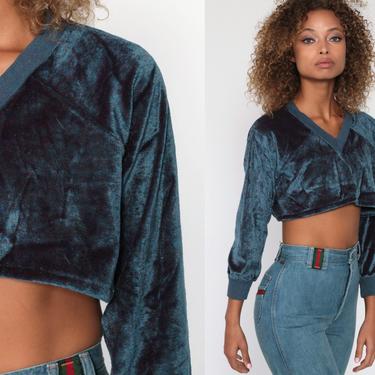 Velour Crop Top 70s Blue Cropped Shirt V NECK Long Sleeve Sweatshirt 80s Retro Top 70s Retro Boho 1980s Pullover Small Medium 