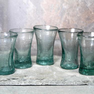 Set of 5 Biot Blown Glass Shot Glasses - 2/3oz Small Shot Glass - Aqua Blue Blown Glass Barware With Bubbles | FREE SHIPPING 
