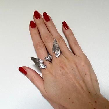 Double Silver Wing Crystal Heart Ring